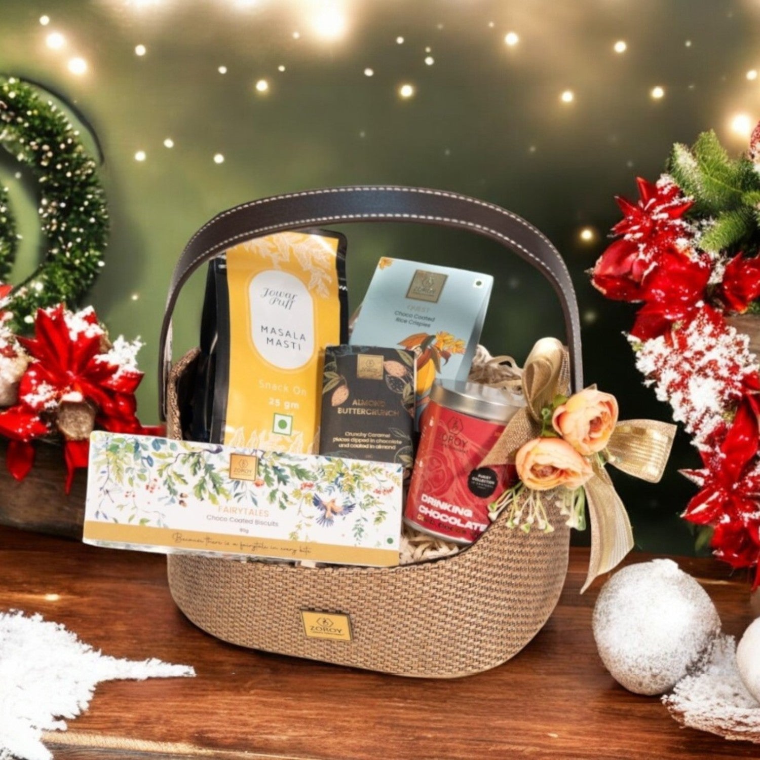 ZOROY EVERGREEN  FINE HAMPER BASKET | savoury snack | assorted chocolate packs | drinking chocolate tin | Ideal for Holiday Christmas New Year and Corporate Gifts | everyday Gift