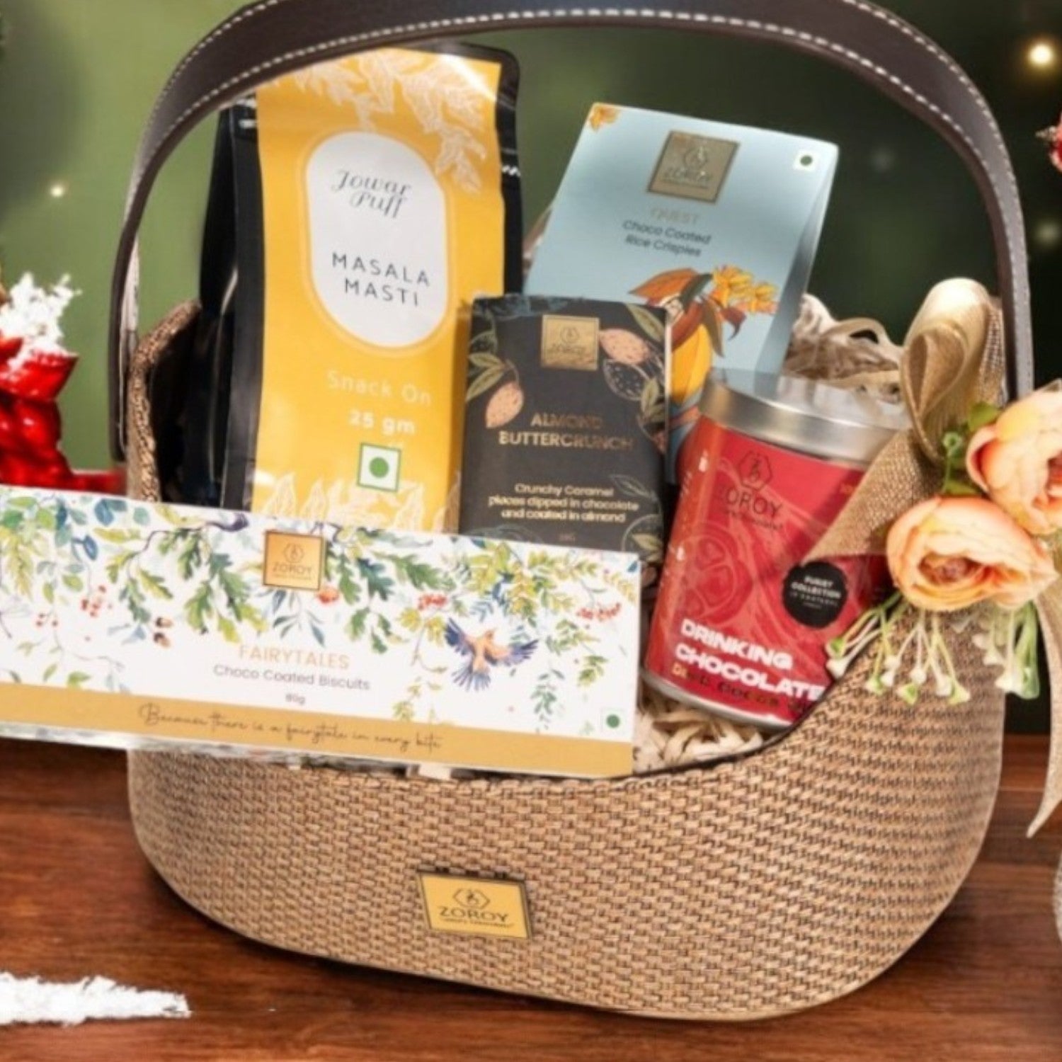 ZOROY EVERGREEN  FINE HAMPER BASKET | savoury snack | assorted chocolate packs | drinking chocolate tin | Ideal for Holiday Christmas New Year and Corporate Gifts | everyday Gift