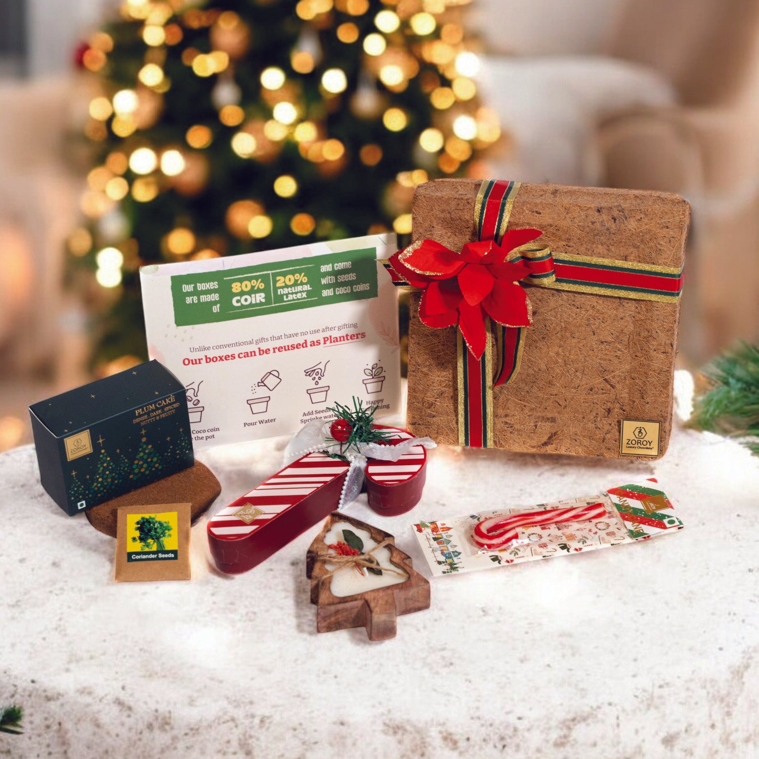 ZOROY Holiday Planter Christmas Gift Hamper | Reusable Planter Box with Seeds, Coco Peat, Plum Cake, Candy Cane,  Soy Candle & Chocolates | Eco-Friendly & Festive Gifting