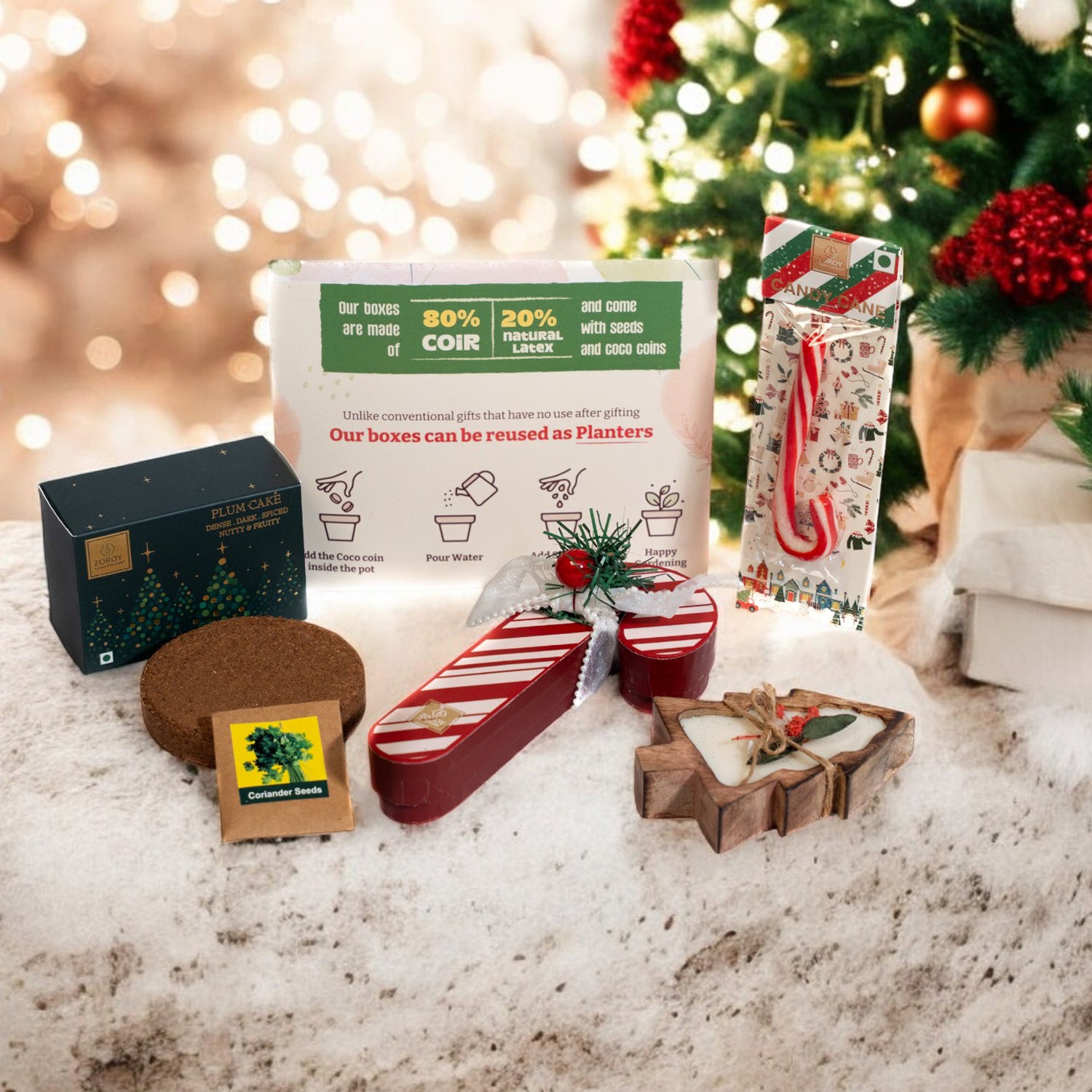 ZOROY Holiday Planter Christmas Gift Hamper | Reusable Planter Box with Seeds, Coco Peat, Plum Cake, Candy Cane,  Soy Candle & Chocolates | Eco-Friendly & Festive Gifting
