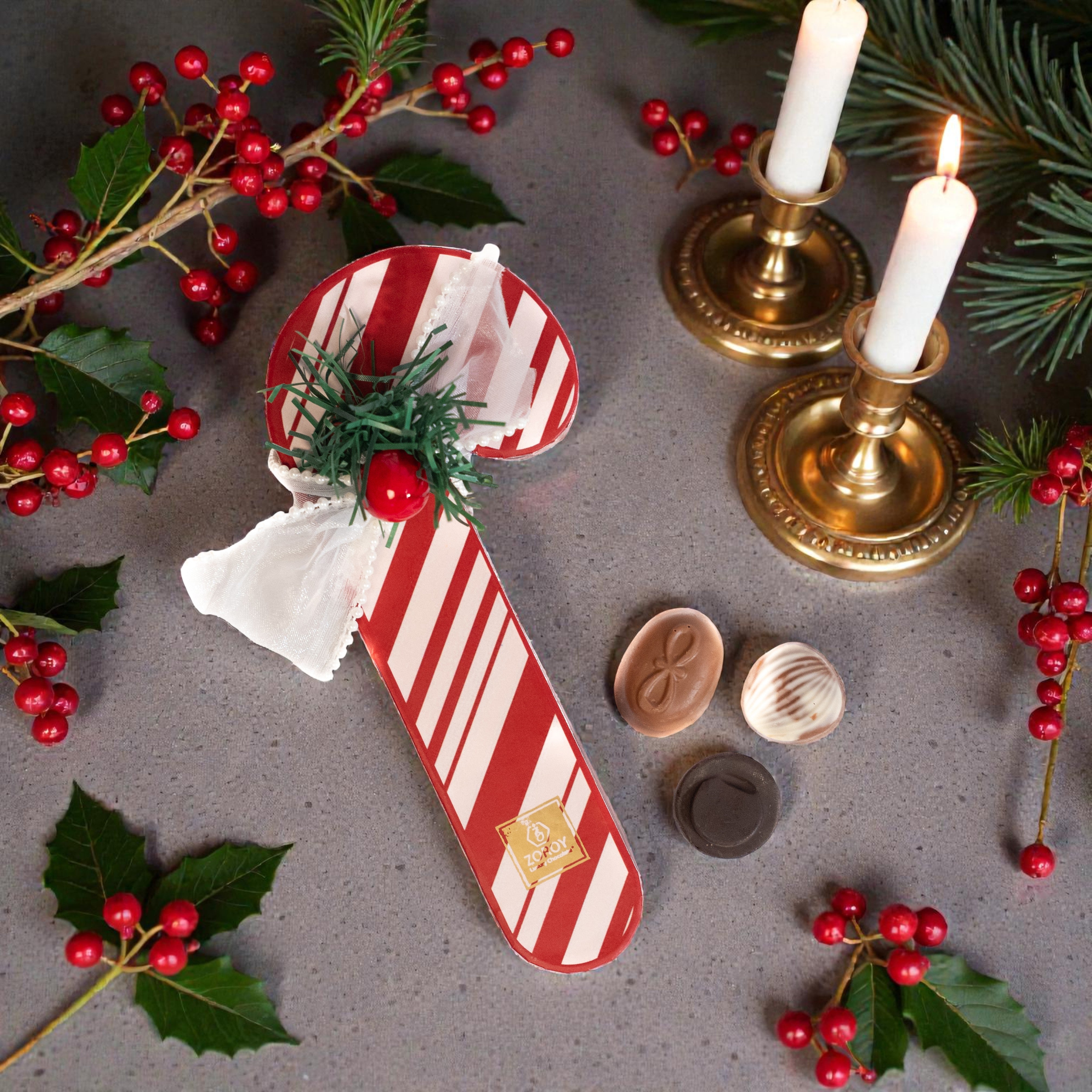 ZOROY Candy Cane Chocolate Box | Reusable Candy Cane Shaped Gift Box with 6 Assorted Handcrafted Chocolates | Christmas, Secret Santa & Corporate Gifting.