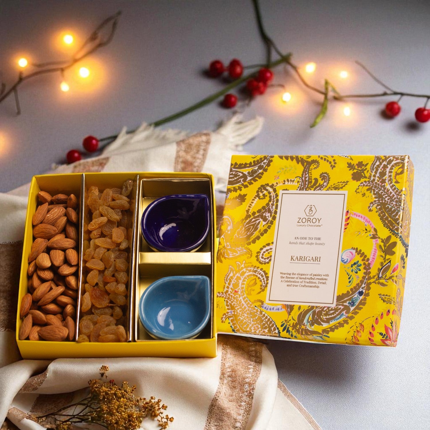 ZOROY Diwali gift Box with 150 gms Dry Fruits and diyas