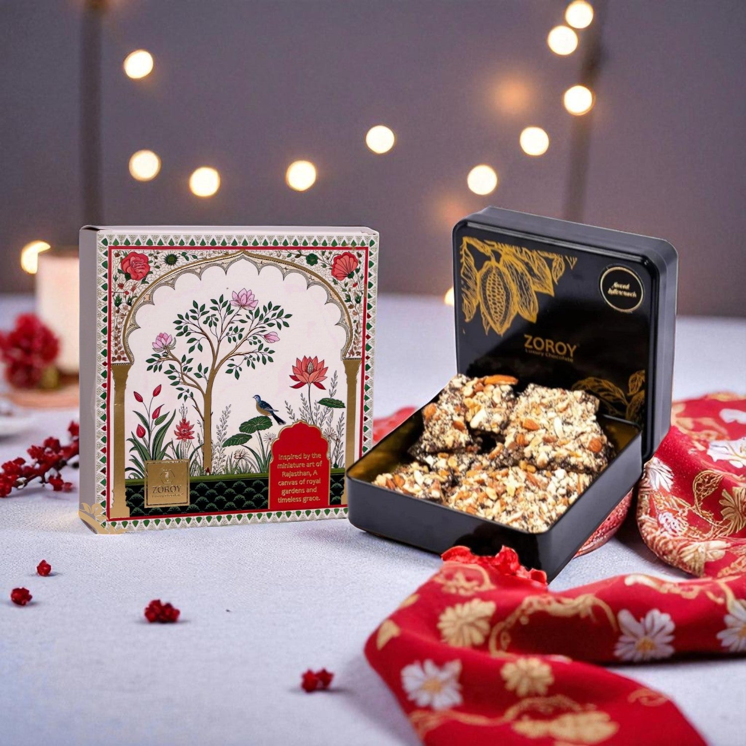 ZOROY Diwali Message Almond Buttercrunch Tin | (crisp caramelized center coated with dark chocolates & almonds) - 130 gms