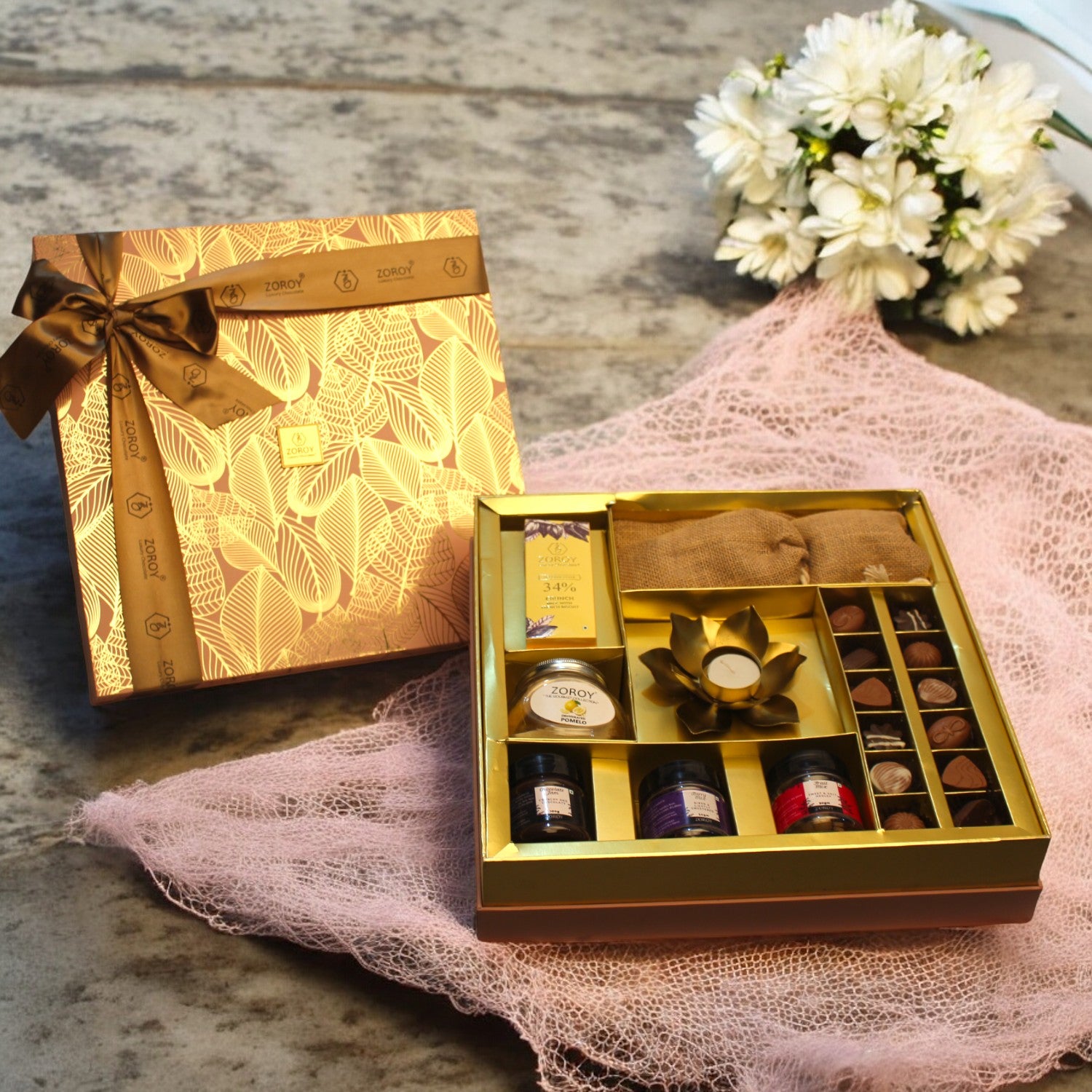 ZOROY The Elegance Hamper box of chocolates, dried fruits, assorted goody jars and t light candle holder
