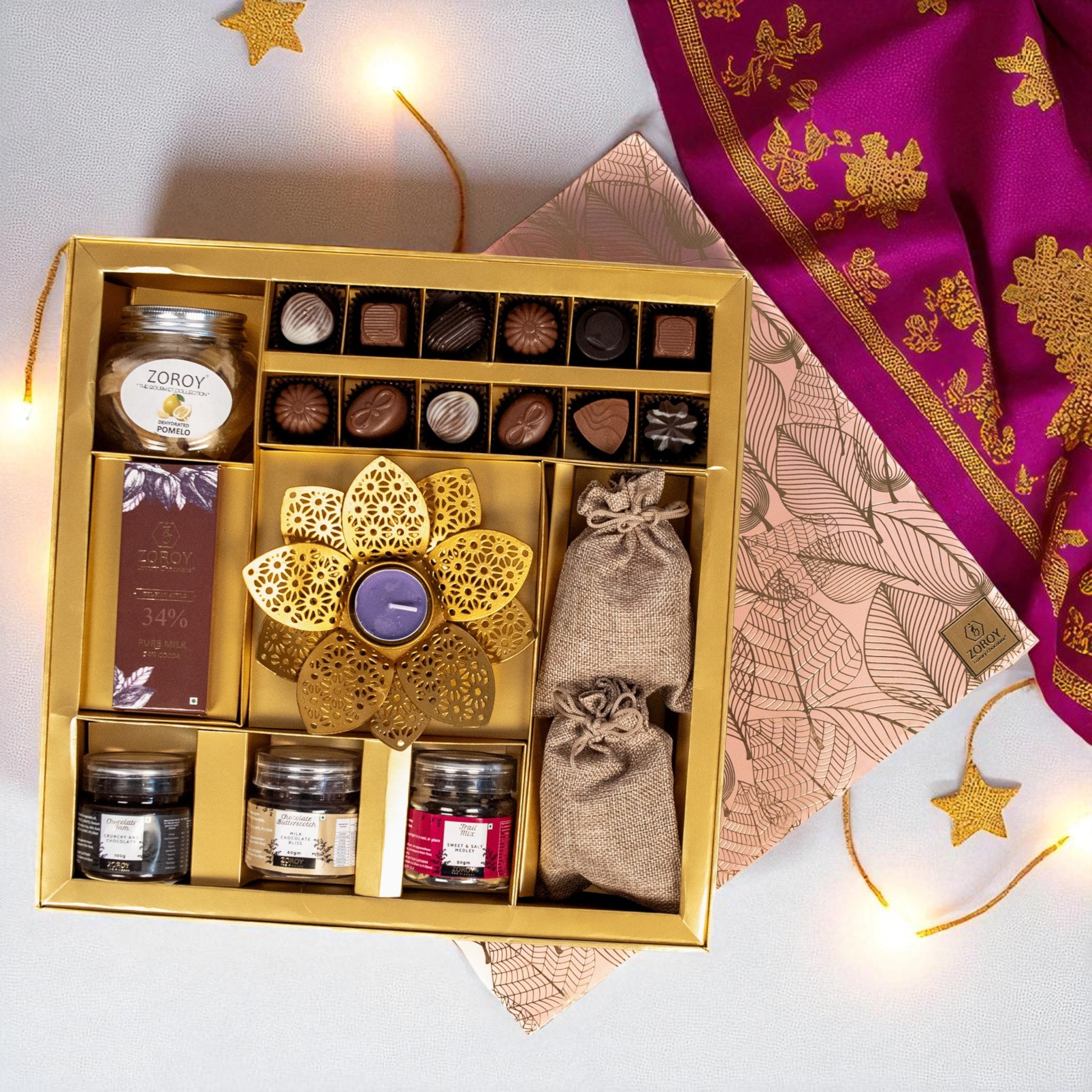ZOROY The Elegance Hamper box of chocolates, dried fruits, assorted goody jars and t light candle holder