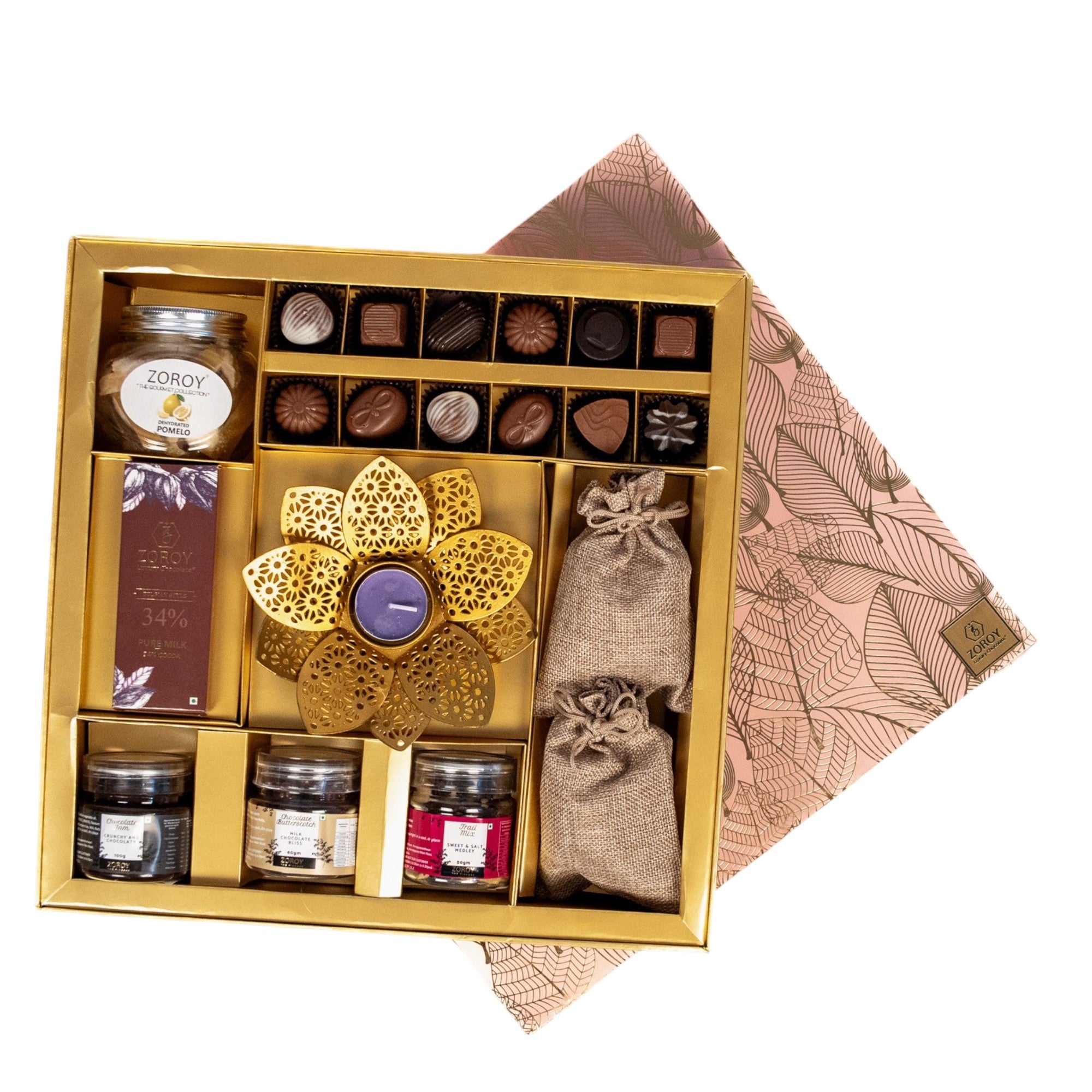 ZOROY The Elegance Hamper box of chocolates, dried fruits, assorted goody jars and t light candle holder