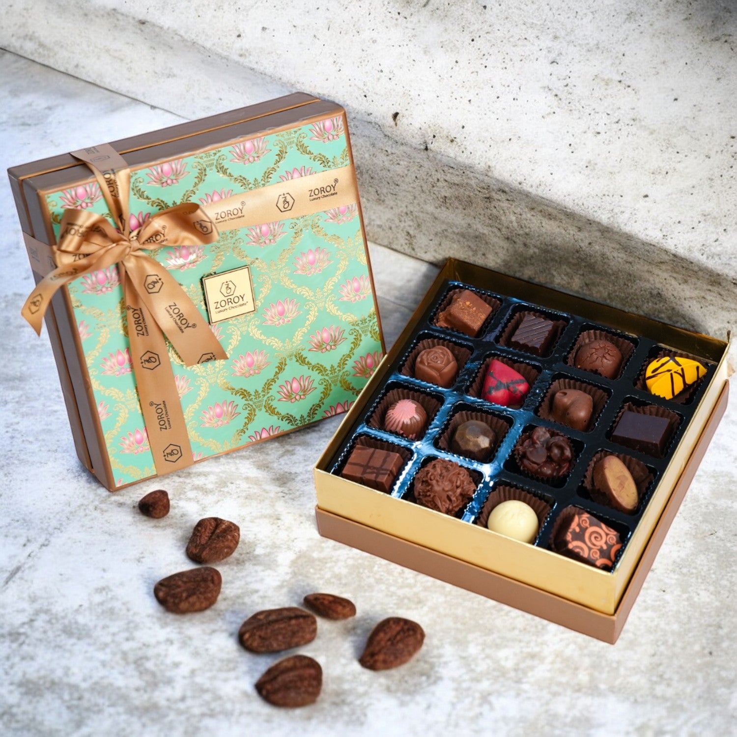 ZOROY LUXURY CHOCOLATE Box of 16 Pure Couverture Chocolate | Signature Belgian style | 16 pieces in a premium gift box | Assortment of milk dark white pralines - 176 Gms