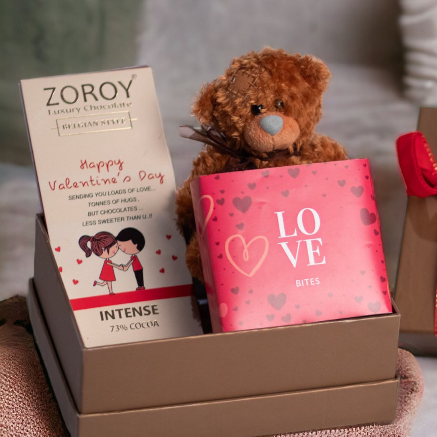 ZOROY Luxury Chocolate Valentines Trio Hamper | Assorted Chocolates | A gift for someone you love | Belgian style bar | Teddy bear | 100% Veg
