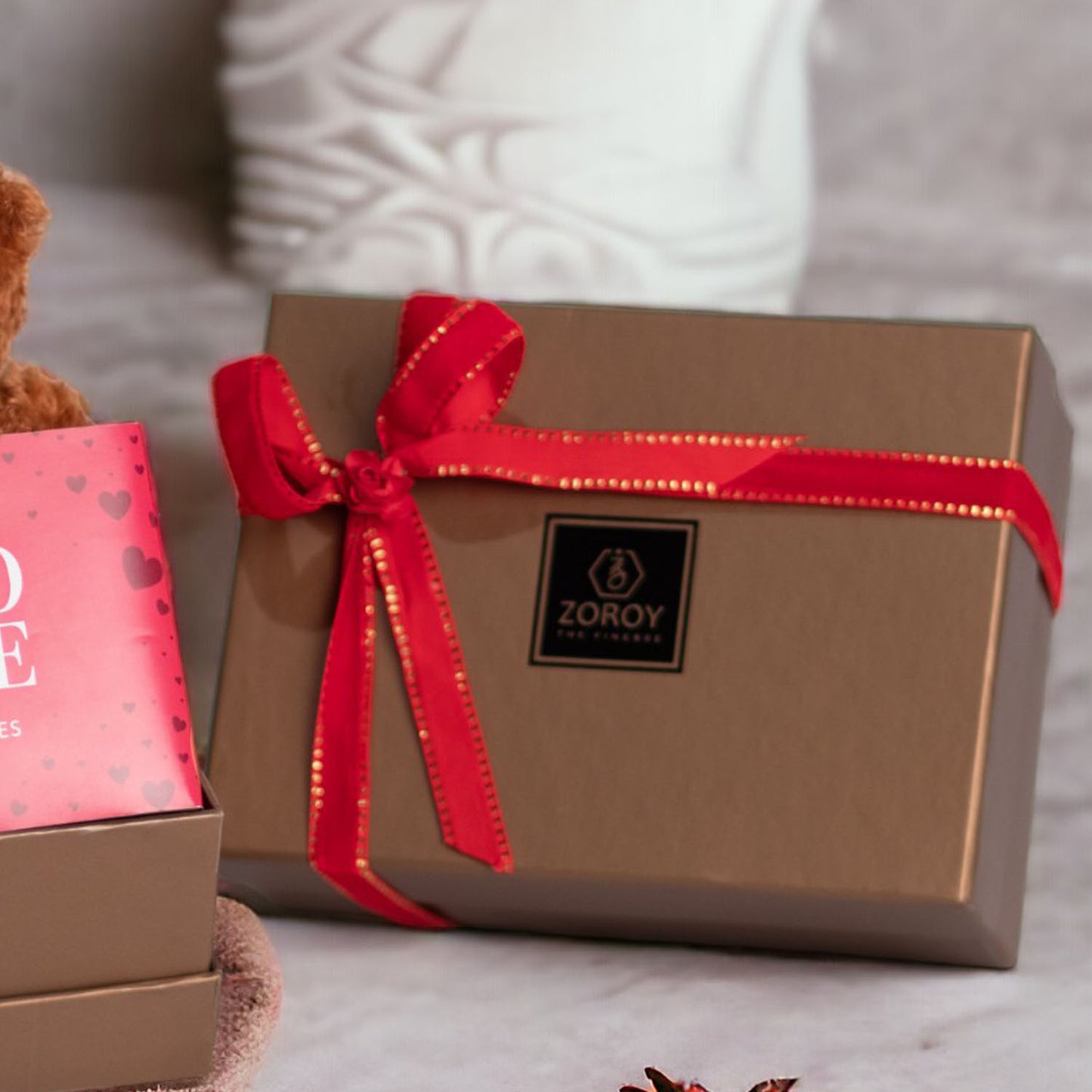 ZOROY Luxury Chocolate Valentines Trio Hamper | Assorted Chocolates | A gift for someone you love | Belgian style bar | Teddy bear | 100% Veg