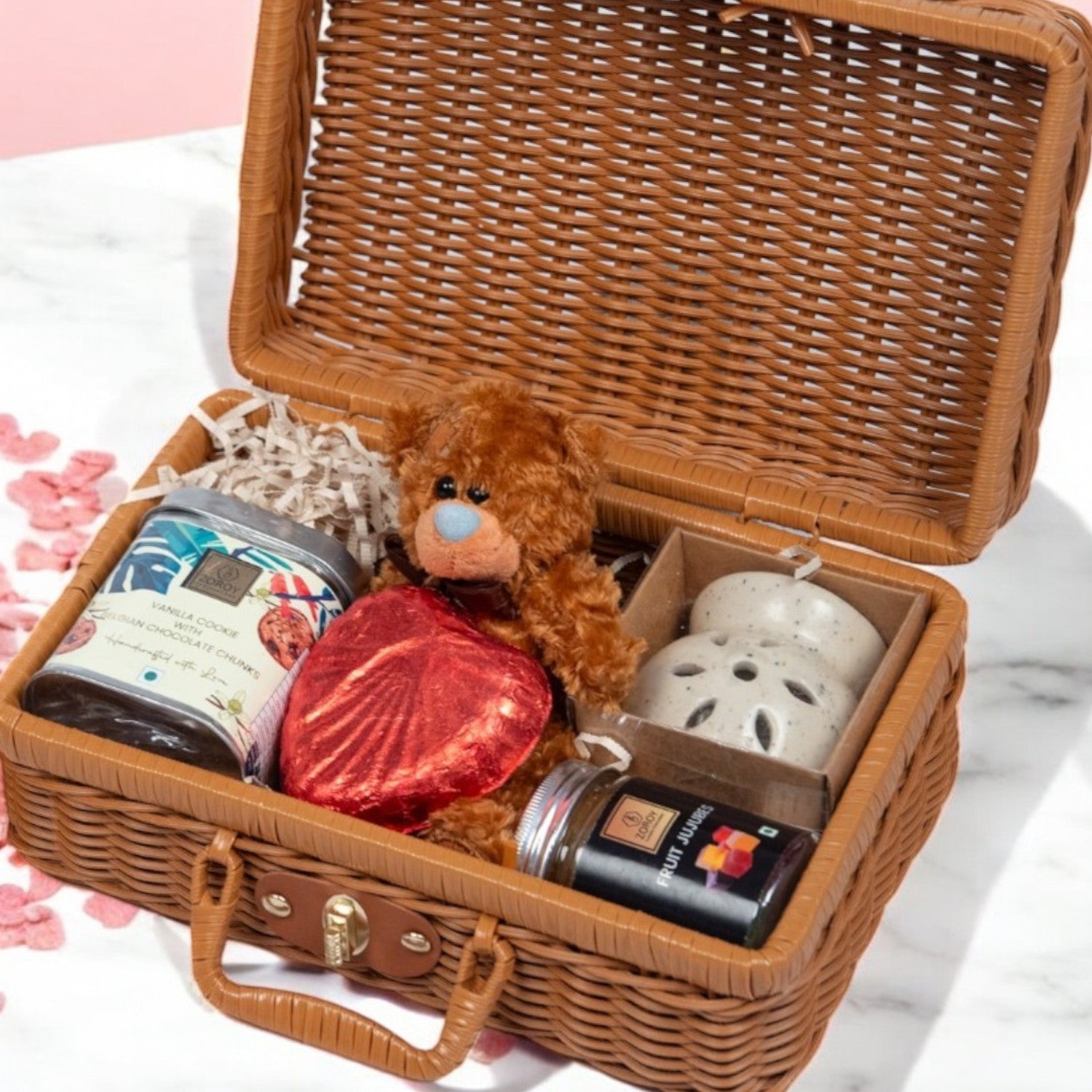 ZOROY Luxury Chocolate Love You Always Hamper | Heart shaped milk chocolate | 100G Fruit jelly | 100G handcrafted cookies | Teddy bear | Ceramic aroma diffuser |