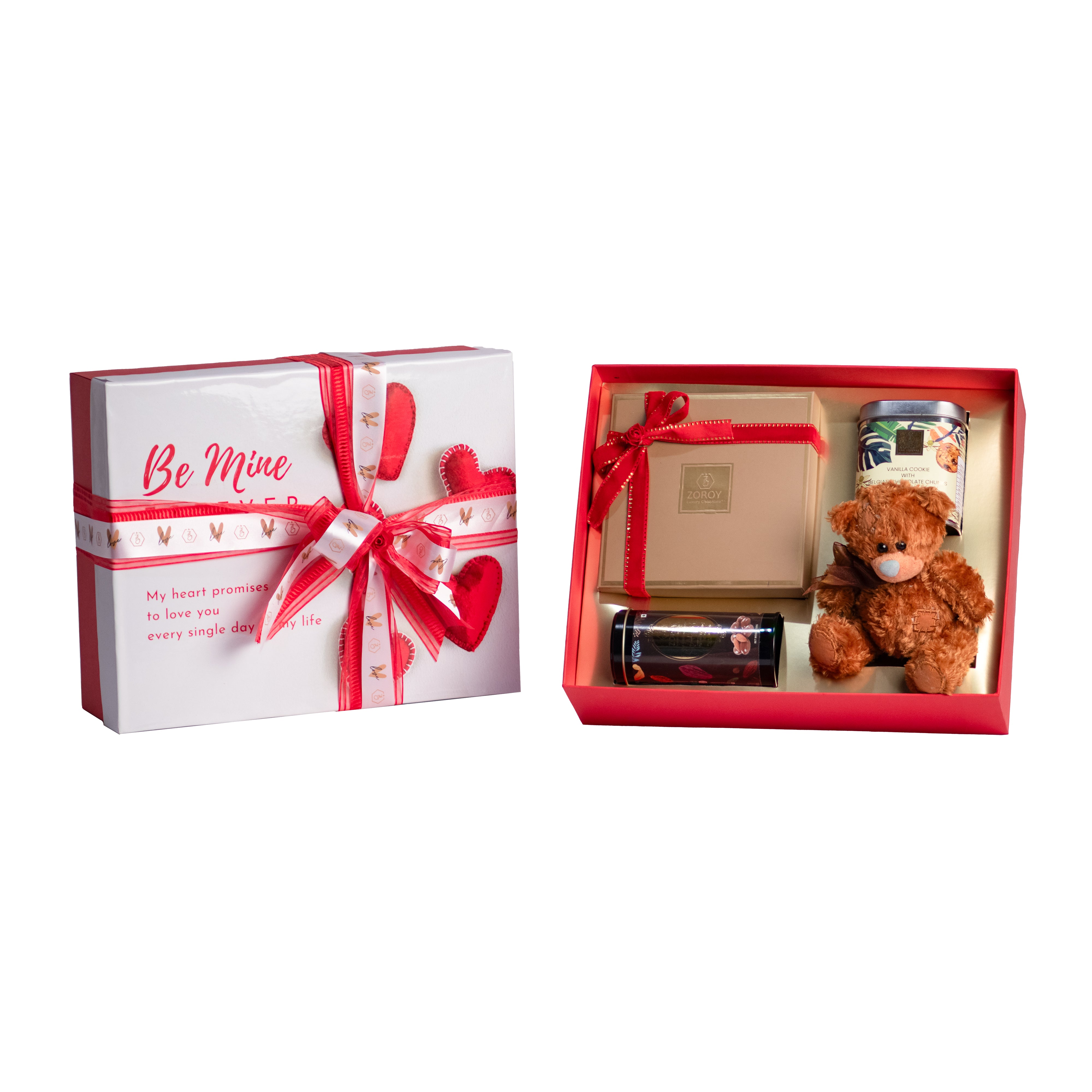 ZOROY Luxury Chocolate Forever Together Valentines Gift | I love you printed Chocolates | 100G pure chocolate coated nuts | 100G handcrafted cookies | Teddy bear | 100% Veg