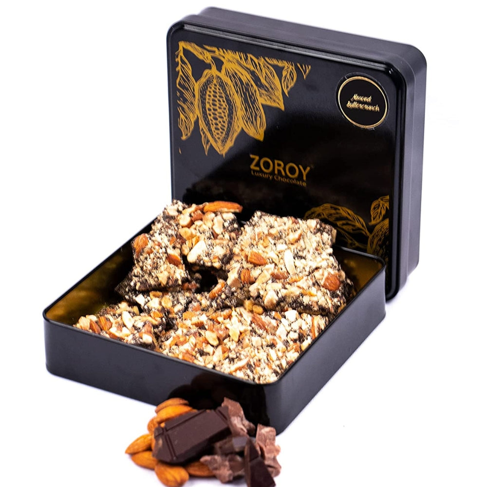 ZOROY LUXURY CHOCOLATE Box of Chocolate Almond Buttercrunch | Almond chocolate crisps | Butter toffee Almond thins | crunchy almond chocolate | Dark chocolate | Gift chocolate Box | 130 grams