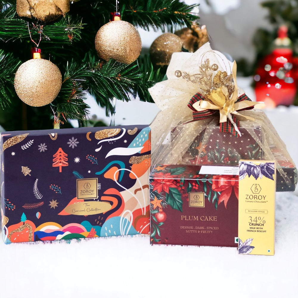 ZOROY LUXURY CHOCOLATE Christmas Gold mini Netted Gift Hamper Combo For Corporate Celebration Festival X Mas Weeding Family Surprise Kids New year gift chocolates - plum cake and candle - 165 Gms
