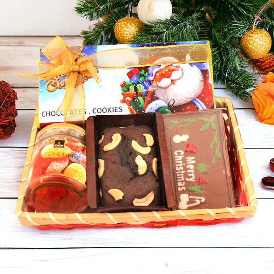 Christmas Vibrance Hamper with chocolates and cookies, jelly and plum cake