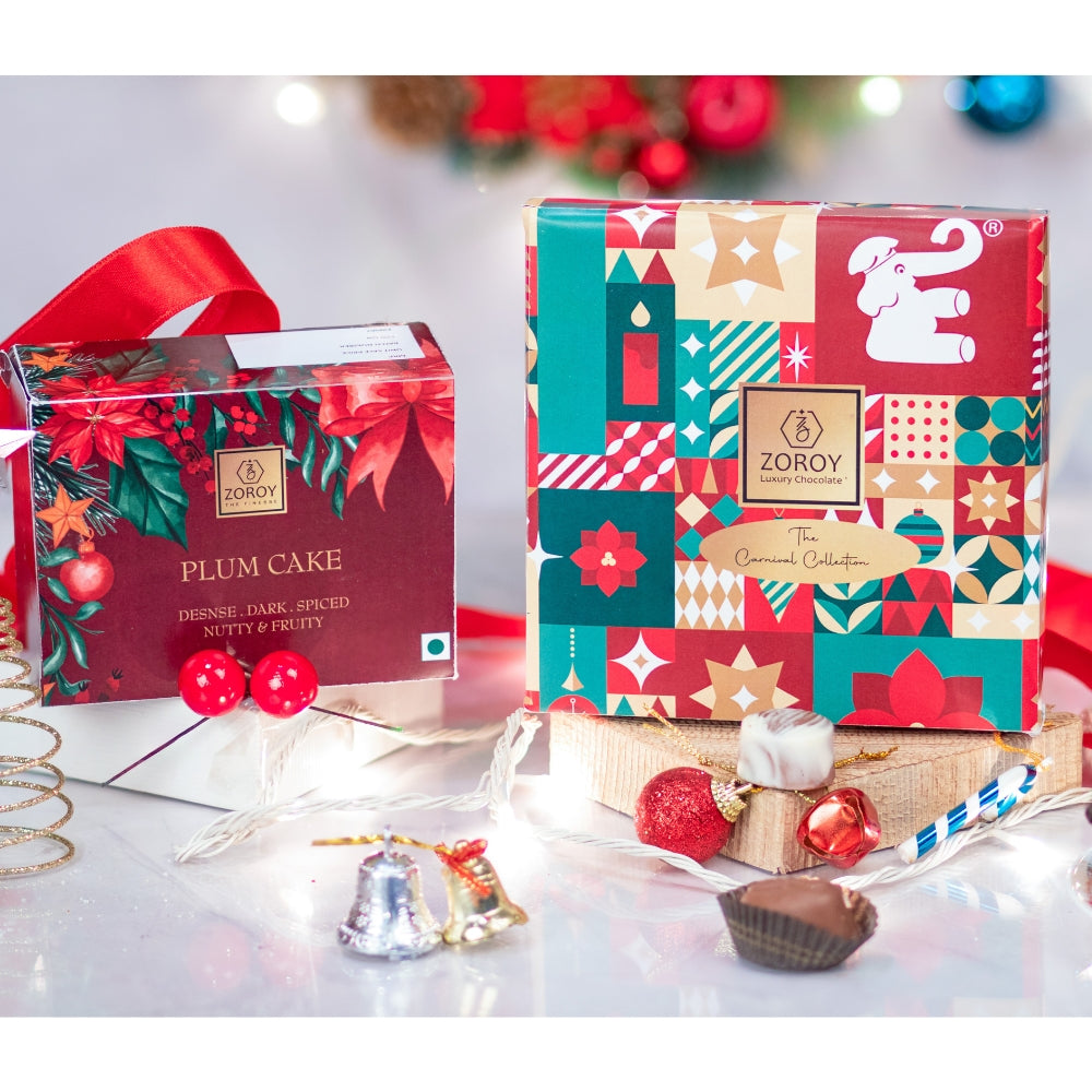 Zoroy Luxury Chocolate Christmas gift combo pack of Eggless Plumcake & Assorted Chocolates For Corporate Xmas festive new year happy Goodies celebration Surprise Best Chocolate Gifts Box