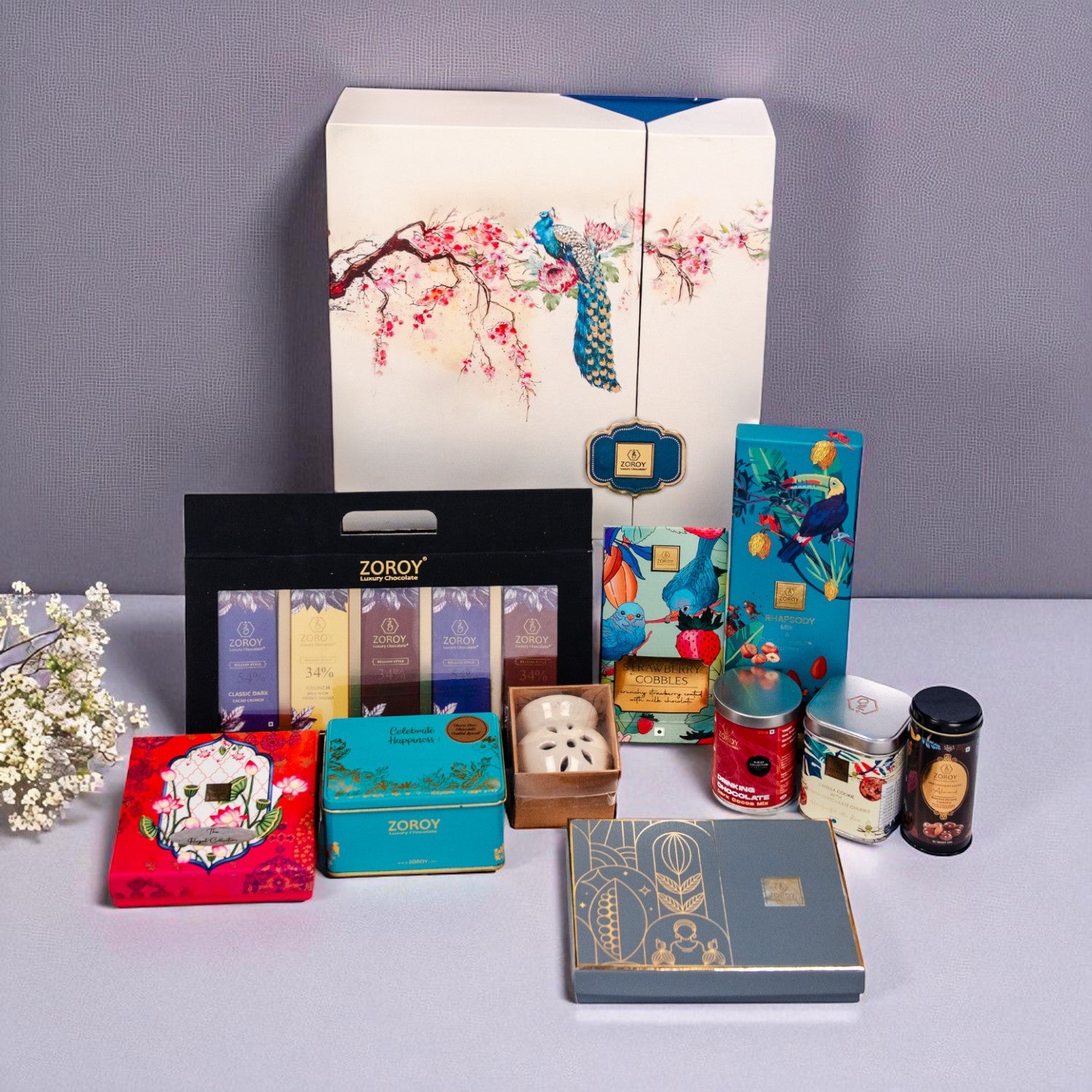 ZOROY Royal Peacock Luxury Hamper – Chocolates, Belgian Bars, almond brittle, Cookies & Aroma Diffuser | Diwali Festive premium Corporate Bulk & Family Birthday, Anniversary Reusable Gift  "