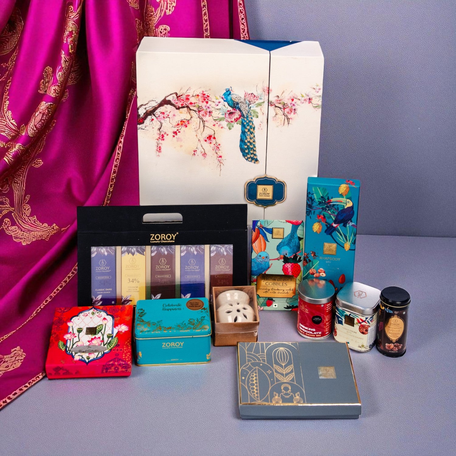 ZOROY Royal Peacock Luxury Hamper – Chocolates, Belgian Bars, almond brittle, Cookies & Aroma Diffuser | Diwali Festive premium Corporate Bulk & Family Birthday, Anniversary Reusable Gift  "