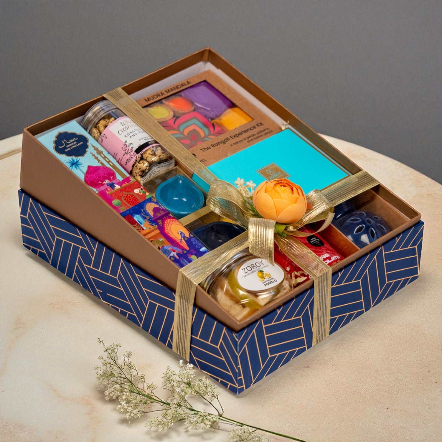 ZOROY Gratitude Hamper – Gift Box with Chocolates, Baklawa, Dry fruits, Diyas & Rangoli Kit | Diwali Festive premium  Corporate Bulk & Family Gift