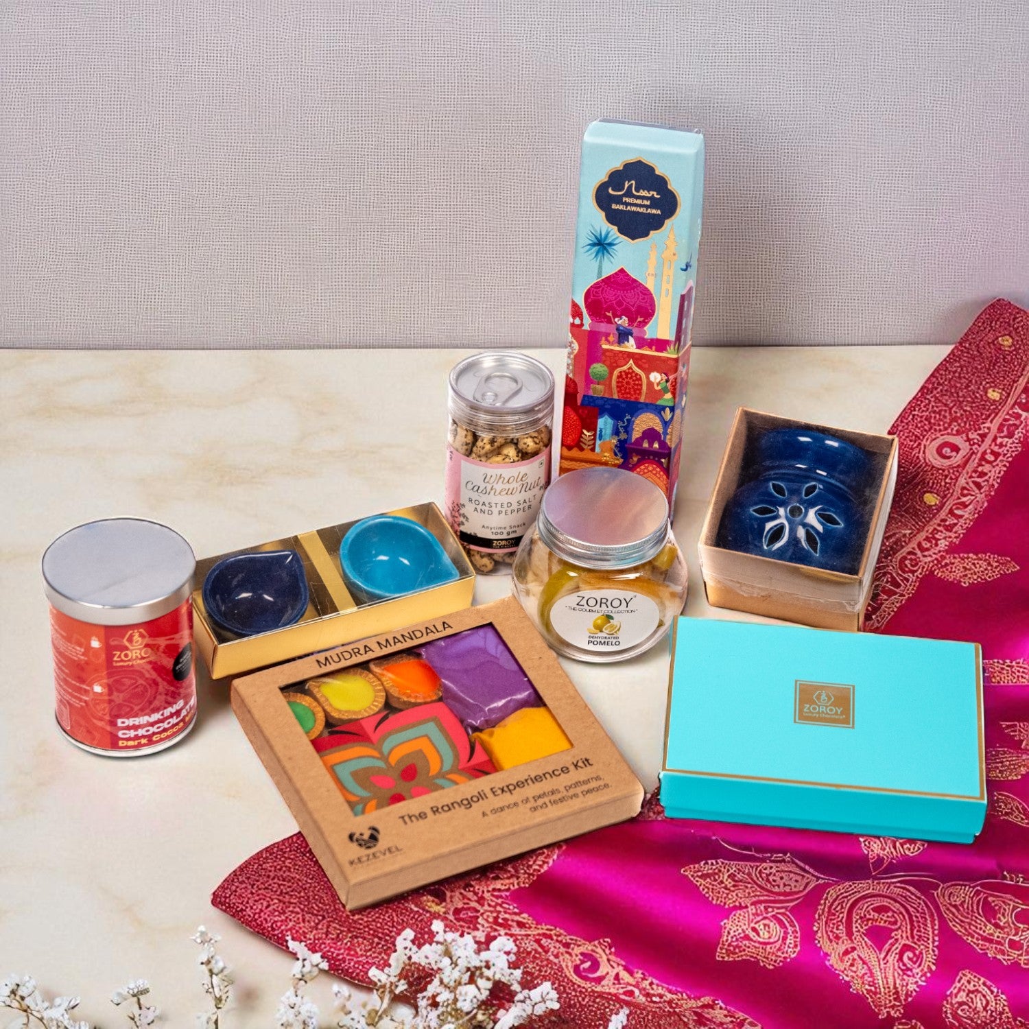 ZOROY Gratitude Hamper – Gift Box with Chocolates, Baklawa, Dry fruits, Diyas & Rangoli Kit | Diwali Festive premium  Corporate Bulk & Family Gift
