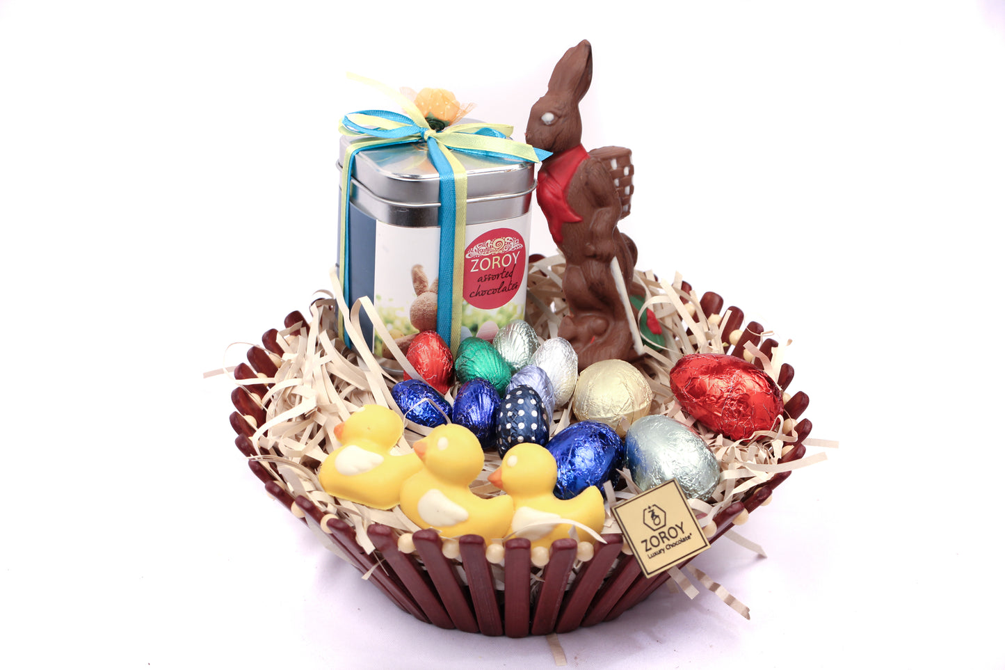 ZOROY Easter Special Round Basket with bunnies, eggs, ducks Gift Hamper - 300 Gms