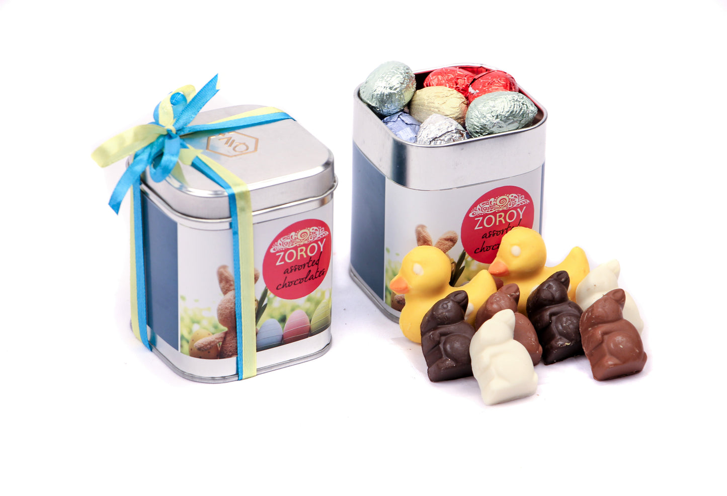 ZOROY Assorted Easter Bunnies, egg's and ducks Chocolate with reusable Tin Gift Pack - 220 Gms