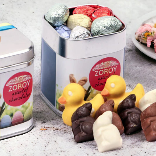 ZOROY Assorted Easter Bunnies, egg's and ducks Chocolate with reusable Tin Gift Pack - 220 Gms