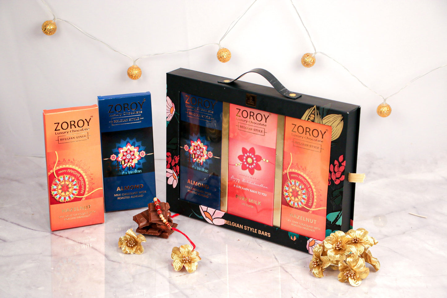Rakhi Gift - Tasty Belgian chocolate bars set for brother/Sister for Rakhi wit Rakhi, KumKum and Tilak chawal