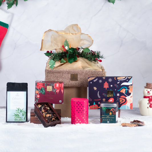 ZOROY Luxury Chocolate Christmas Jute Organza Tie Up Large Gift Hamper With Eggless Plum Cake Assorted Chocolates and Cookies Dry Fruits For Corporate Family Friends New Year Combo Pack