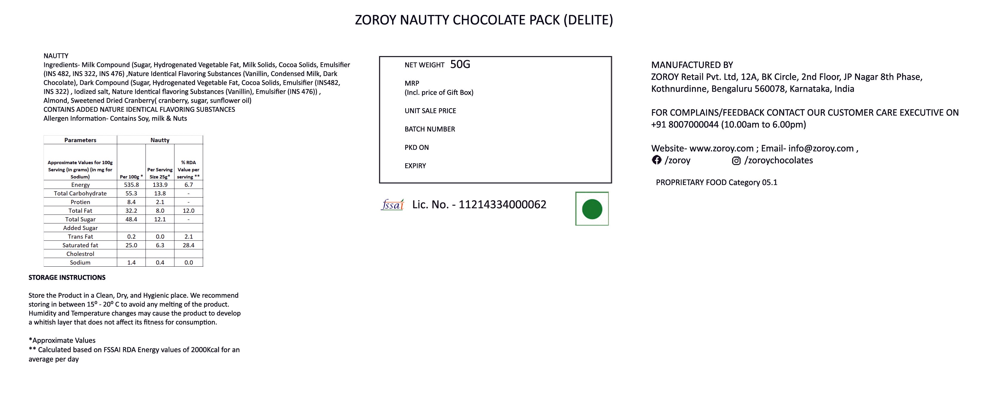 ZOROY Luxury Chocolate 5 almond cranberry delight| Gift for HER | Women's Day Gift for Mother Sister Friend Colleague  - 50 Gms
