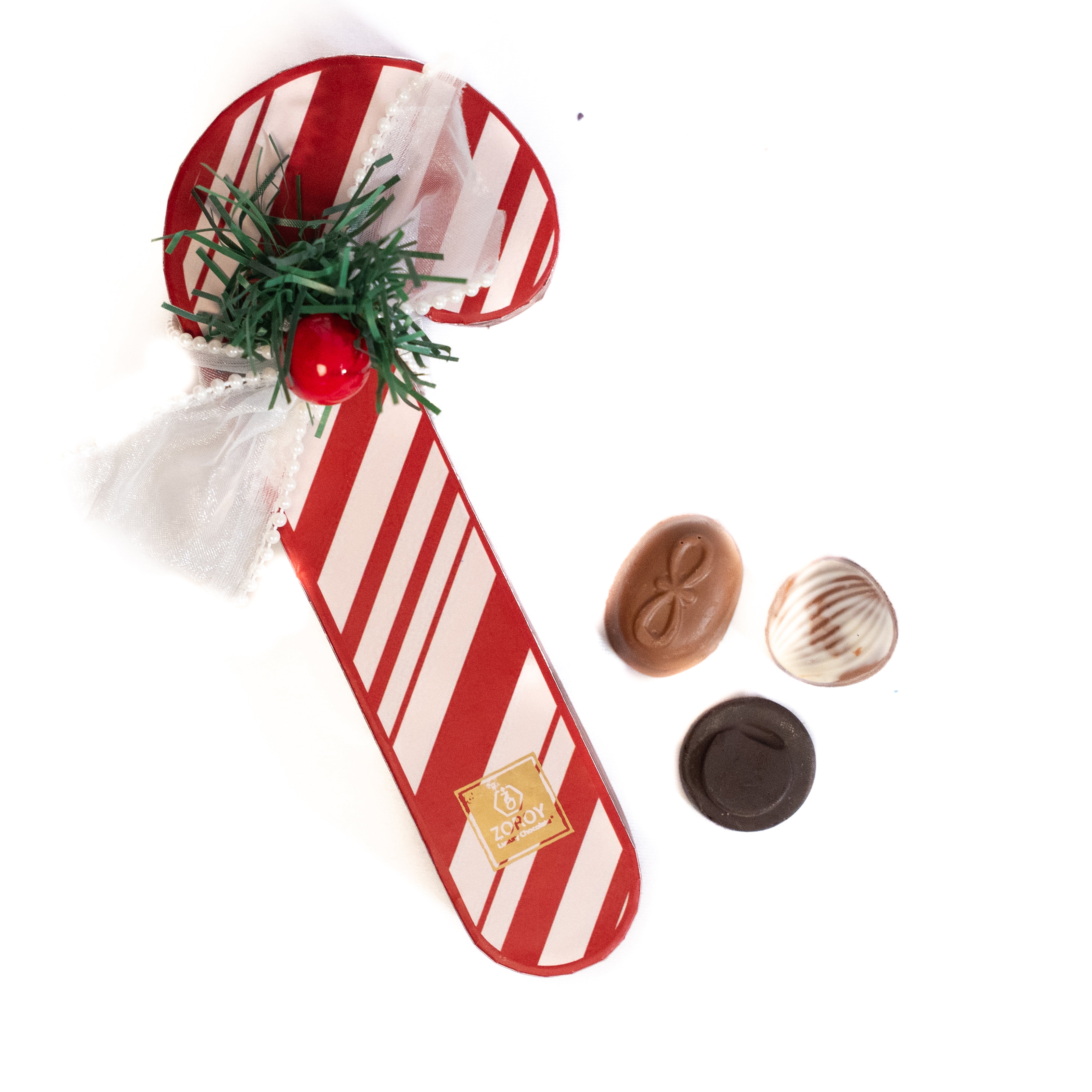 ZOROY Candy Cane Chocolate Box | Reusable Candy Cane Shaped Gift Box with 6 Assorted Handcrafted Chocolates | Christmas, Secret Santa & Corporate Gifting.