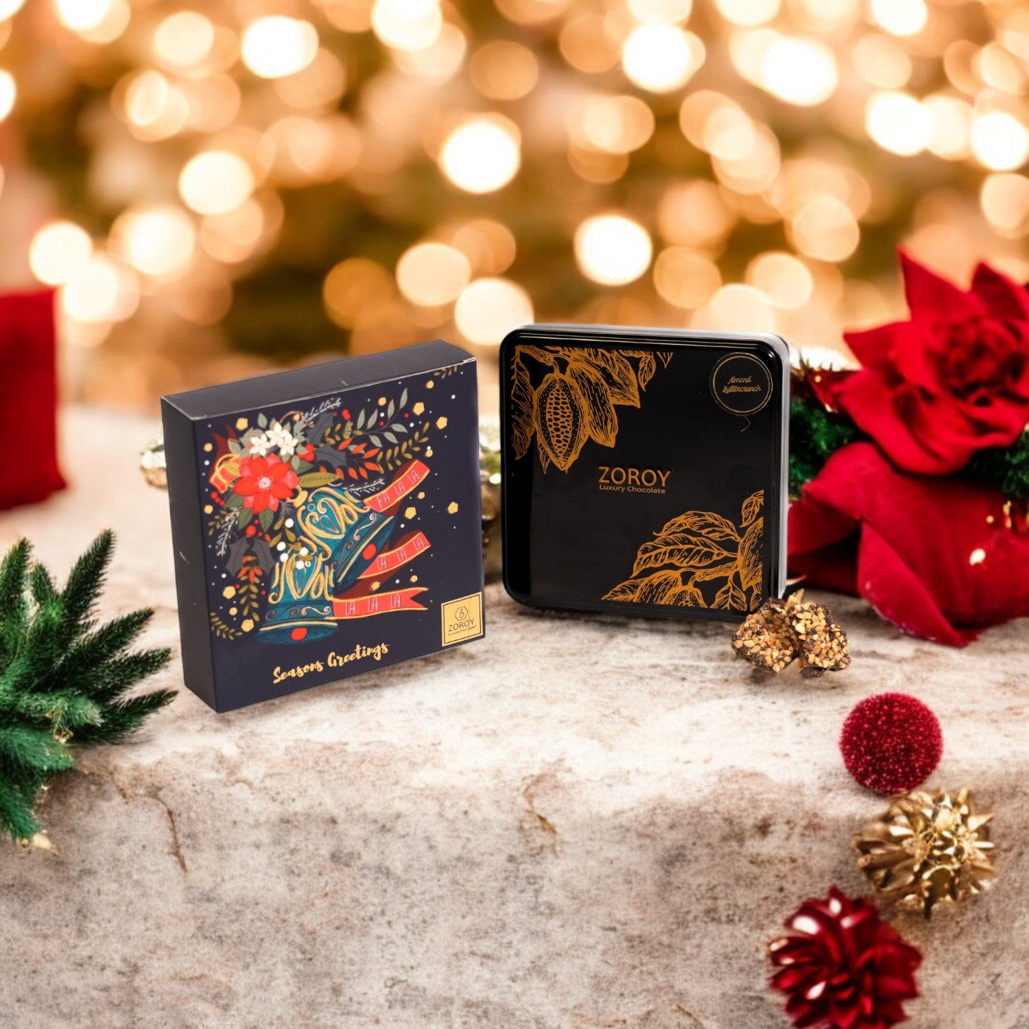 ZOROY Christmas Message Almond Buttercrunch Tin (crisp caramelized center coated with dark chocolates & almonds) - 150 gms
