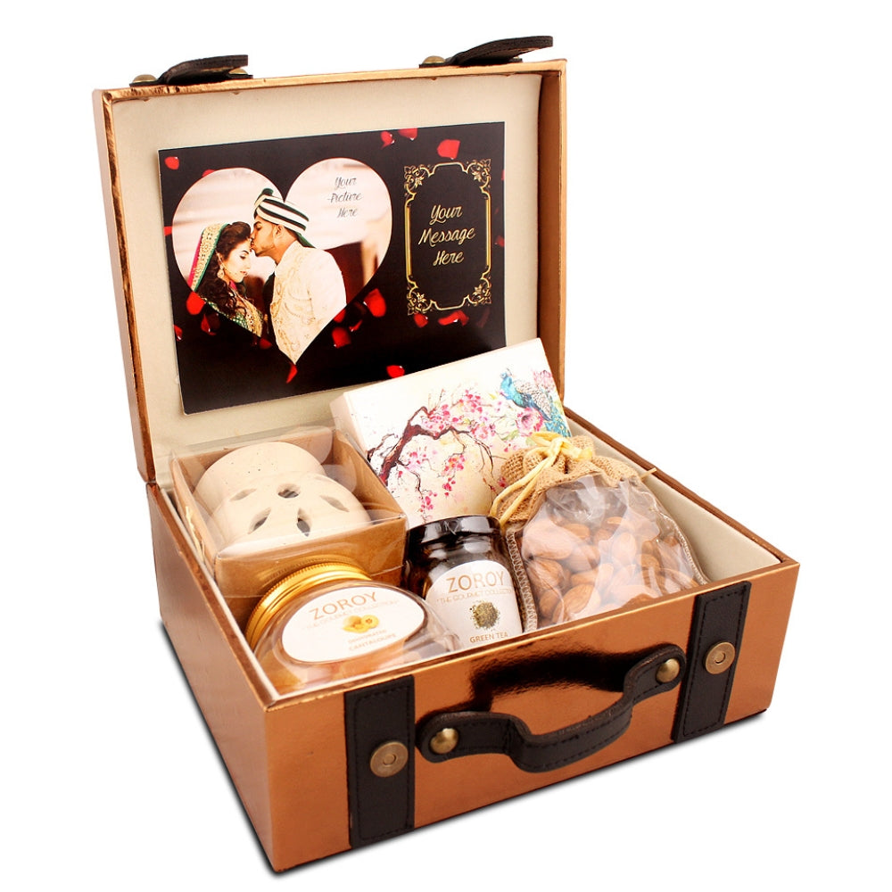 ZOROY Personalized Leatherette Suitcase Hamper of assorted goodies