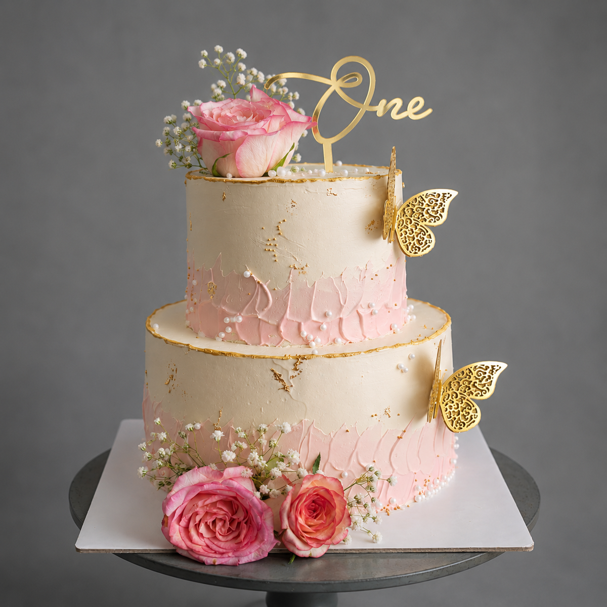 Pink Floral Butterfly First Birthday Theme Cake