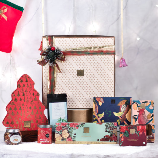 ZOROY Luxury Chocolate Christmas SEASONS PEACH BOXED Gift Hamper With Eggless Plum Cake Drinking Chocolate Mix Powder And Other Goodies For Corporate New Year Xmas Combo Gifts Box