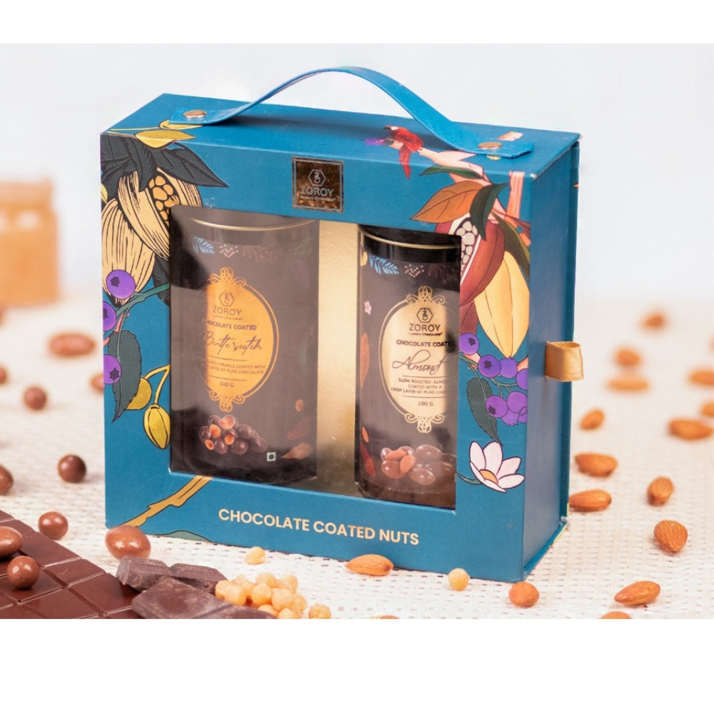 ZOROY Luxury Chocolate Coated Almond & Butterscotch Nuts Gift Set Box of 2 Combo For Corporate Diwali Celebration Christmas Family Surprise Kids Wedding | 200g