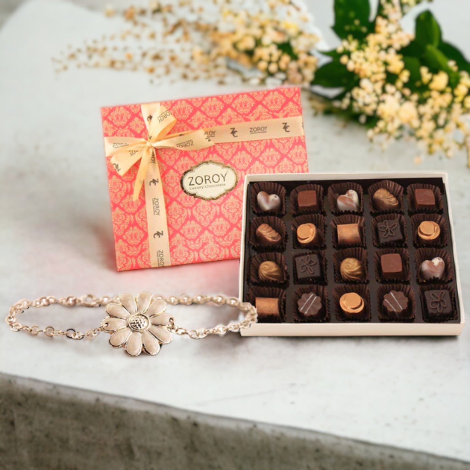 ZOROY 20 Signature pralines for Rakhi with Silver Plated bracelet style Rakhi
