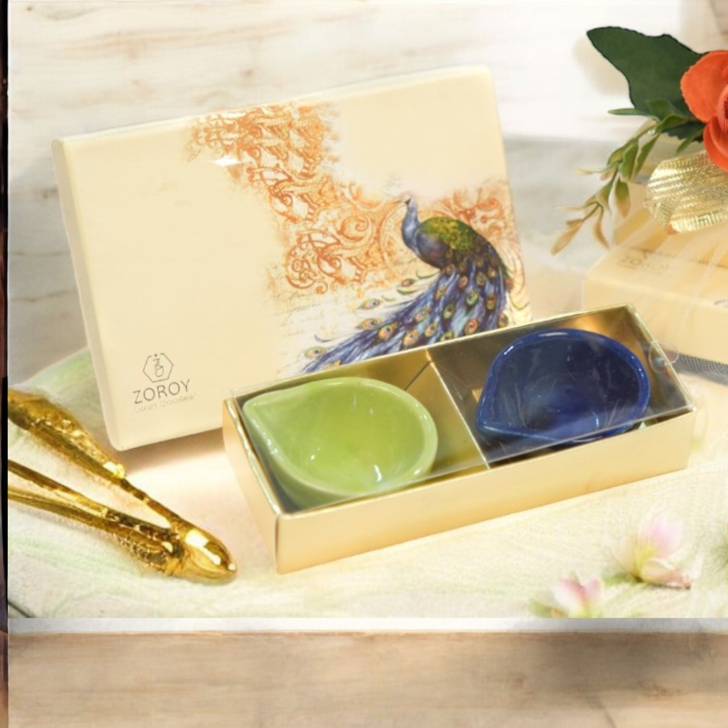 ZOROY Luxury Chocolate Gift Pack - Splendor Net Hamper - Premium assorted Chocolates with Ceramic Diyas - Ideal For Diwali, Dussera & Festive Gifting