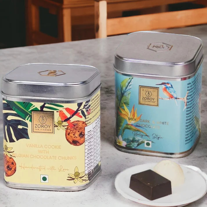 ZOROY Luxury Chocolate 8 Pure Couverture Belgian Style signature Chocolate with Handmade Gourmet Cookies In A Airtight Reusable Tin For Corporate Christmas Diwali New Year Birthday Online Gift Pack