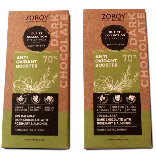 ZOROY Purist Collection, Set of 2 70% Organic Dark chocolate, Anti Oxidant Booster bar with Almonds and Rosemary - 116gms
