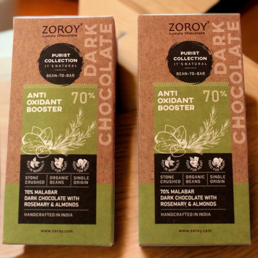 ZOROY Purist Collection, Set of 2 70% Organic Dark chocolate, Anti Oxidant Booster bar with Almonds and Rosemary - 116gms