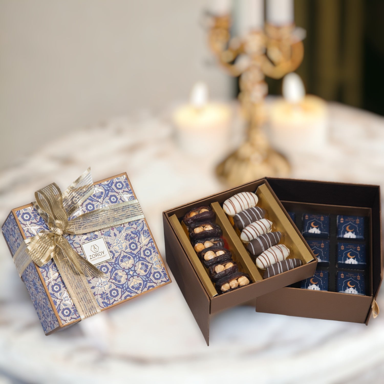 ZOROY Assorted Dry Fruit Filled Dates and  9 Eid Mubarak chocolates 280G in a Double decker box | Filled With Roasted Almonds, Roasted Hazelnut, Chocolate coated | Khajur dry fruit