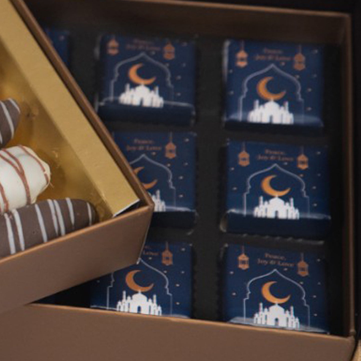 ZOROY Assorted Dry Fruit Filled Dates and  9 Eid Mubarak chocolates 280G in a Double decker box | Filled With Roasted Almonds, Roasted Hazelnut, Chocolate coated | Khajur dry fruit