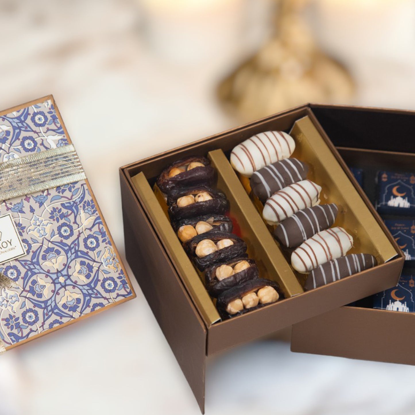 ZOROY Assorted Dry Fruit Filled Dates and  9 Eid Mubarak chocolates 280G in a Double decker box | Filled With Roasted Almonds, Roasted Hazelnut, Chocolate coated | Khajur dry fruit