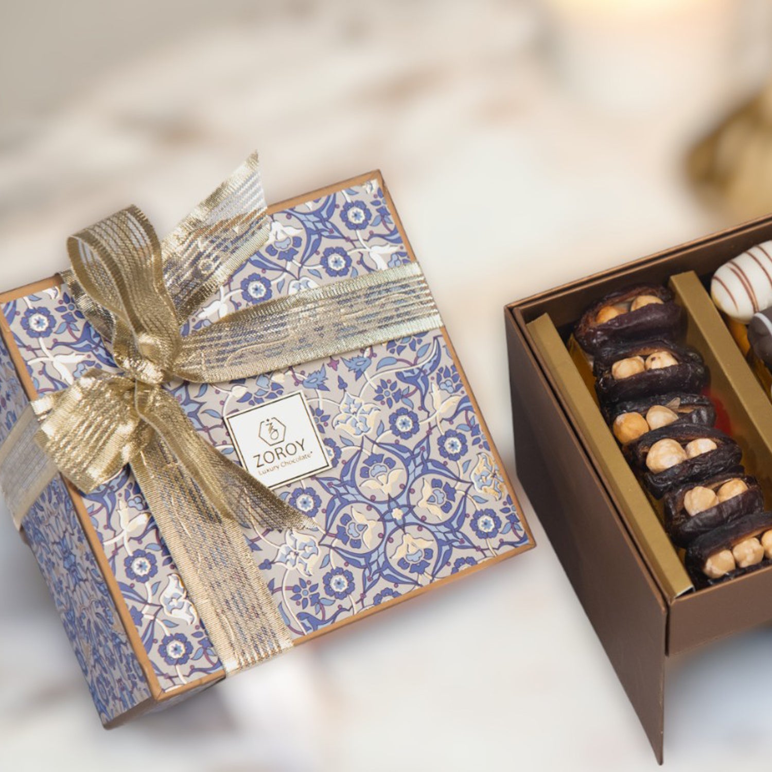 ZOROY Assorted Dry Fruit Filled Dates and  9 Eid Mubarak chocolates 280G in a Double decker box | Filled With Roasted Almonds, Roasted Hazelnut, Chocolate coated | Khajur dry fruit