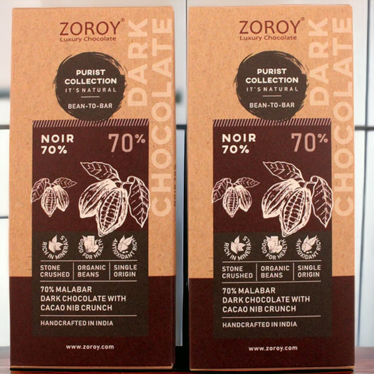 ZOROY Bean to Bar Purist Collection Noir 70% Dark Organic Bar with Cacao Nib Crunch bar, Pack of 2, 58gms Each - 116Gms
