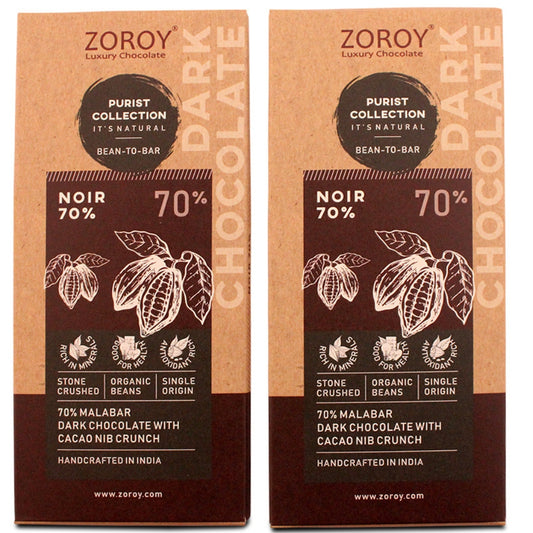 ZOROY Bean to Bar Purist Collection Noir 70% Dark Organic Bar with Cacao Nib Crunch bar, Pack of 2, 58gms Each - 116Gms