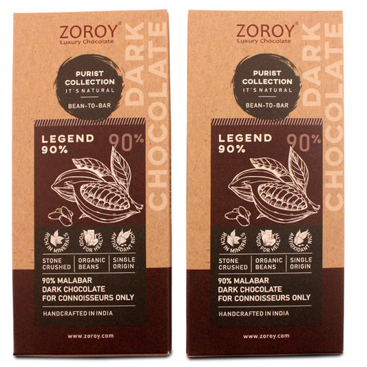 ZOROY Bean to Bar Purist Collection, Legend 90% Organic Dark Chocolate bar, Pack of 2, 58gms Each - 116Gms