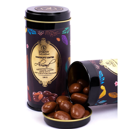ZOROY Luxury Chocolate coated nuts | chocolate coated almond | almond dragees | Panned nuts | Pure couverture | Airtight box | Gourmet chocolate gift box | 100 gms