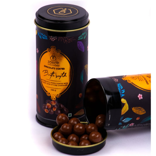 ZOROY Luxury Chocolate coated nuts | chocolate coated butterscotch | butterscotch dragees | Panned nuts | Pure couverture | Airtight box | Gourmet chocolate gift box | 100% Veg | 100 gms
