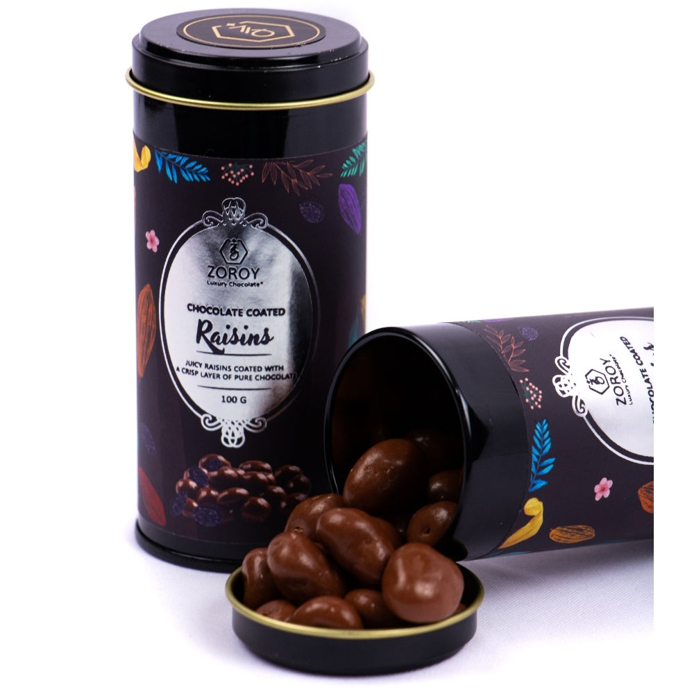 ZOROY Luxury Chocolate coated nuts | dark chocolate coated raisin | raisin dragees | Panned nuts | Pure couverture | Airtight box | Gourmet chocolate gift box | 100 gms